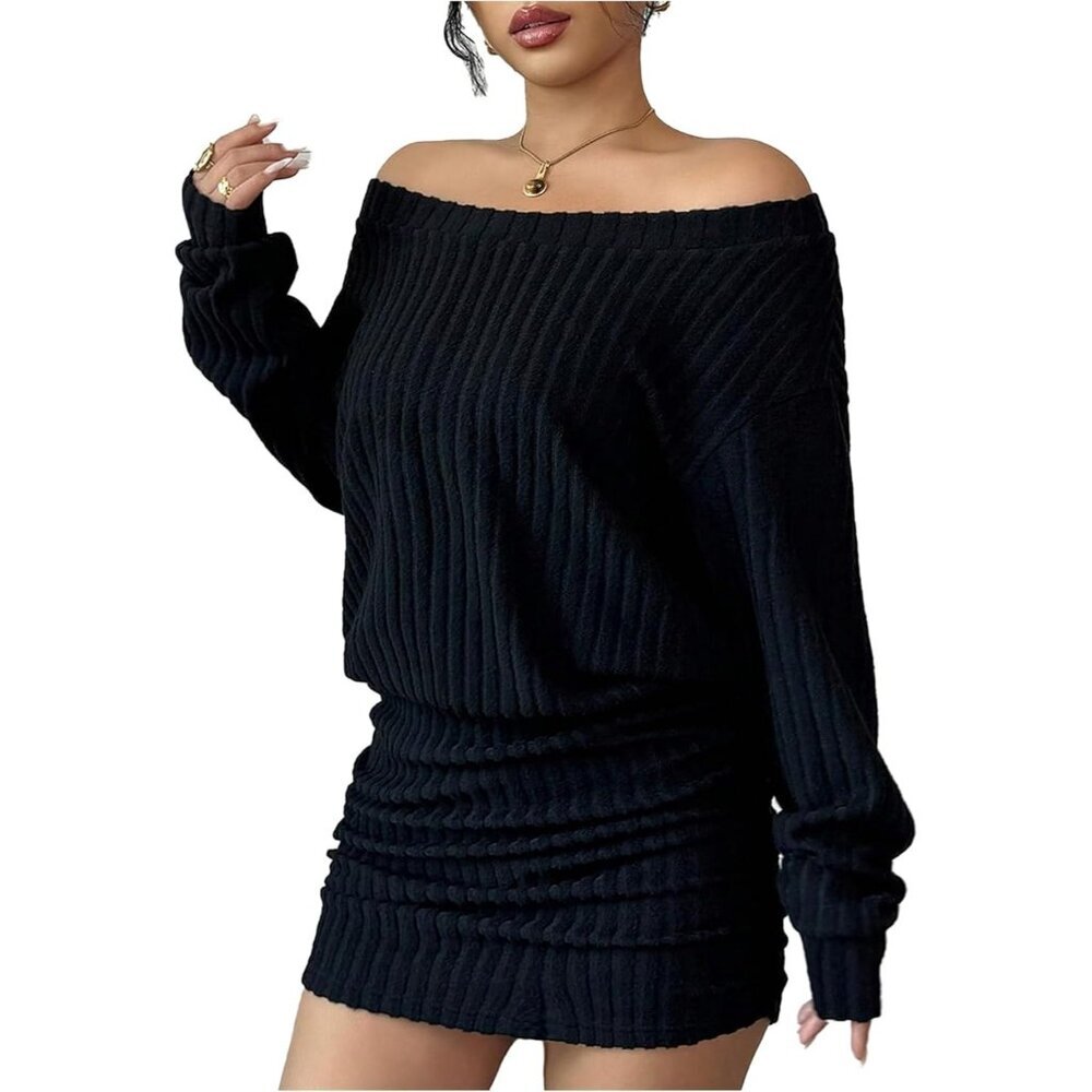 Women's Black Sweater Dress Ruched Long Sleeve Ribbed Knit Mini Party Dresses
